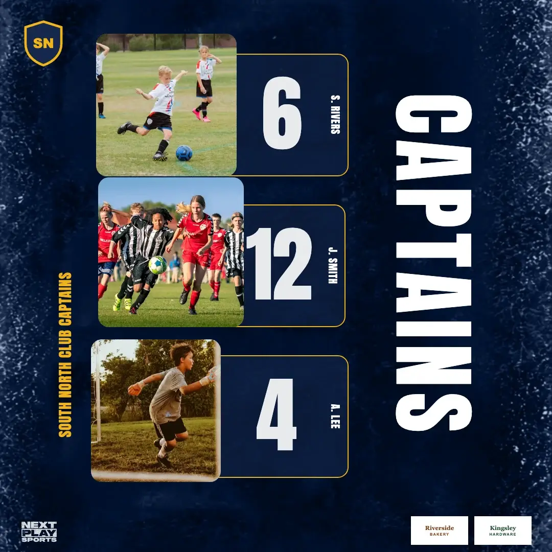 Captains post with three framed player photos and their numbers, in South North Club colours