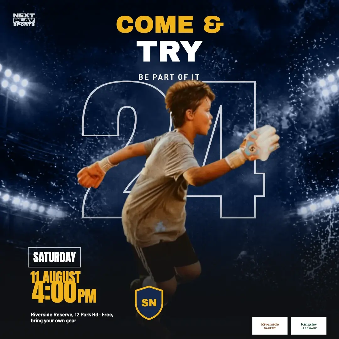 Come and try day poster with a player cut out of his photo over a floodlit stadium, in South North Club colours
