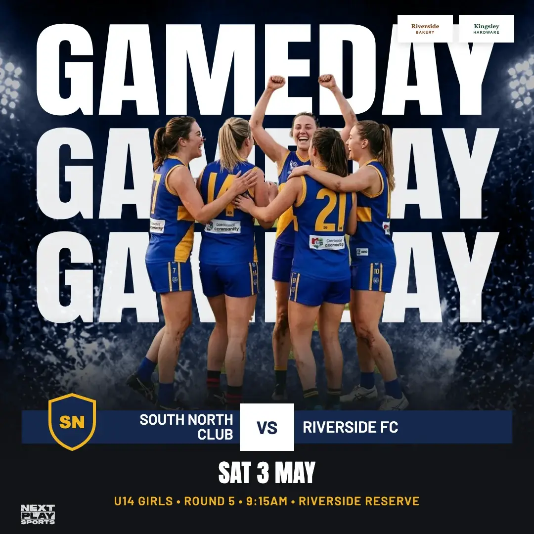 Game day poster with the players cut out in front of the words Game Day over a floodlit stadium, in South North Club colours