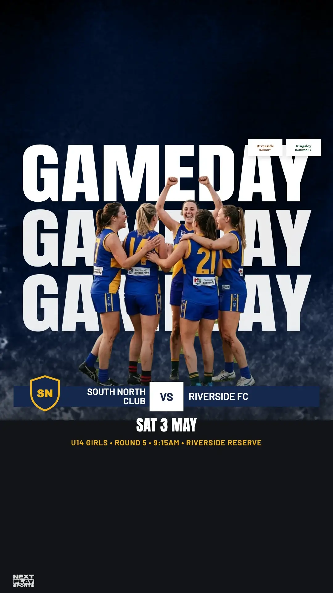 Game day story post for South North Club against Riverside FC, Saturday 3 May at Riverside Reserve, with the players cut out in front of the words Game Day over a floodlit stadium