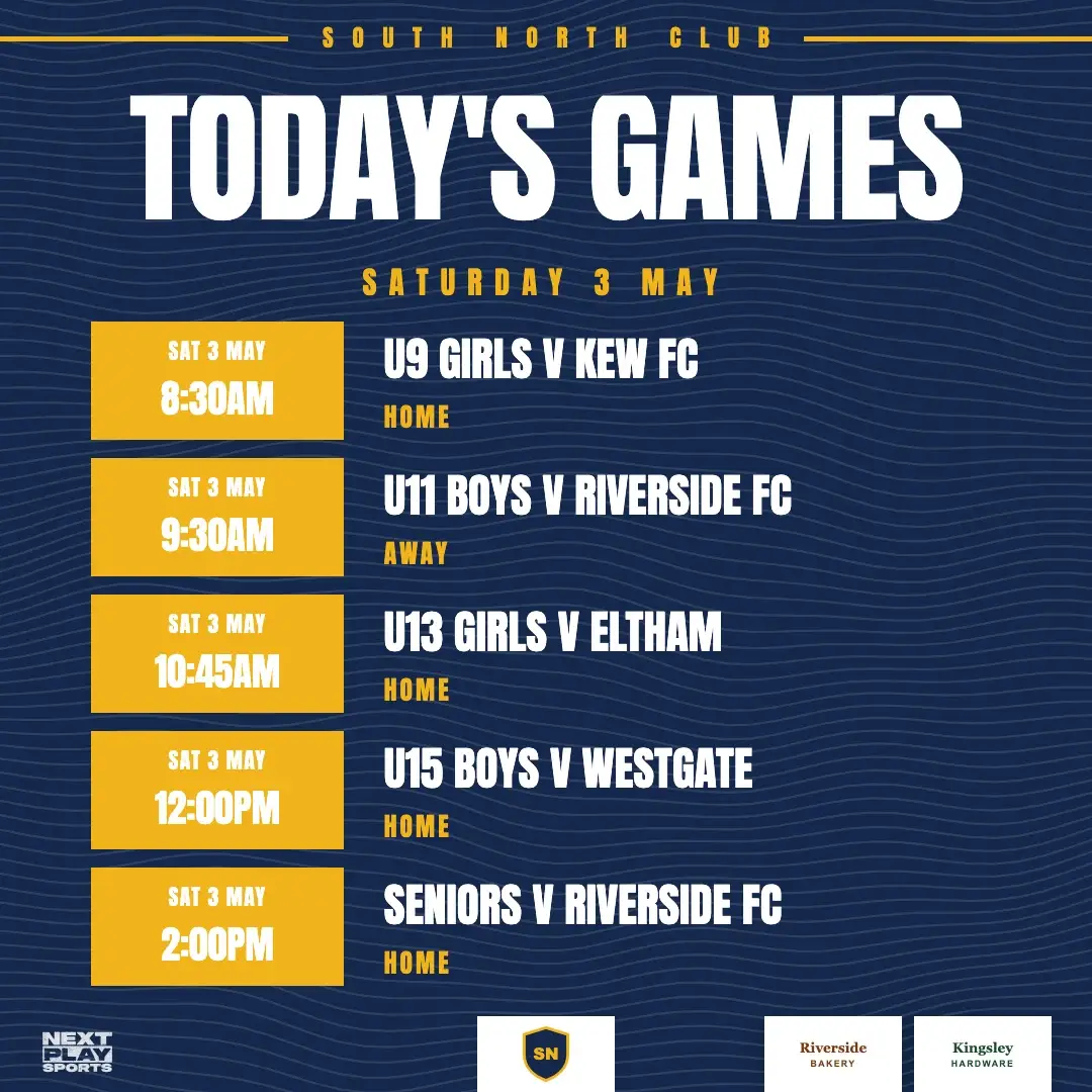 Today's games post listing five games with times, in South North Club colours