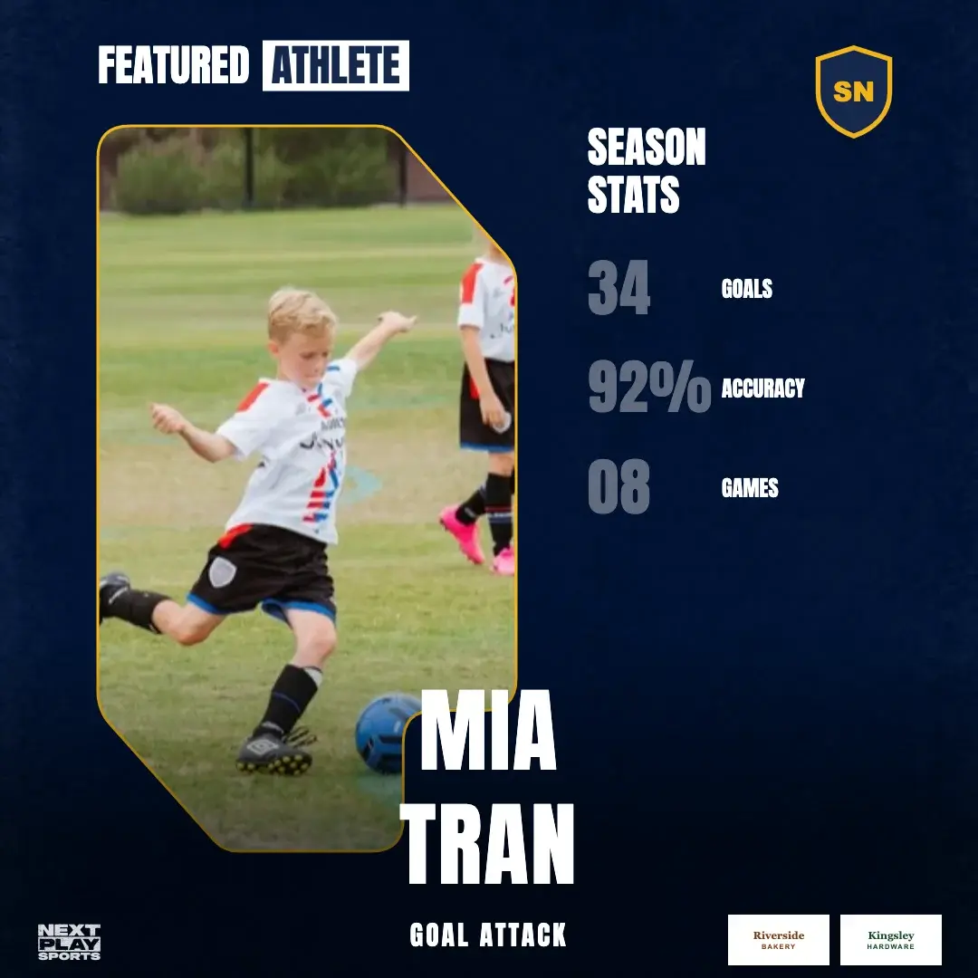 Featured player post for Mia Tran with season stats: 34 goals at 92% accuracy, in South North Club colours