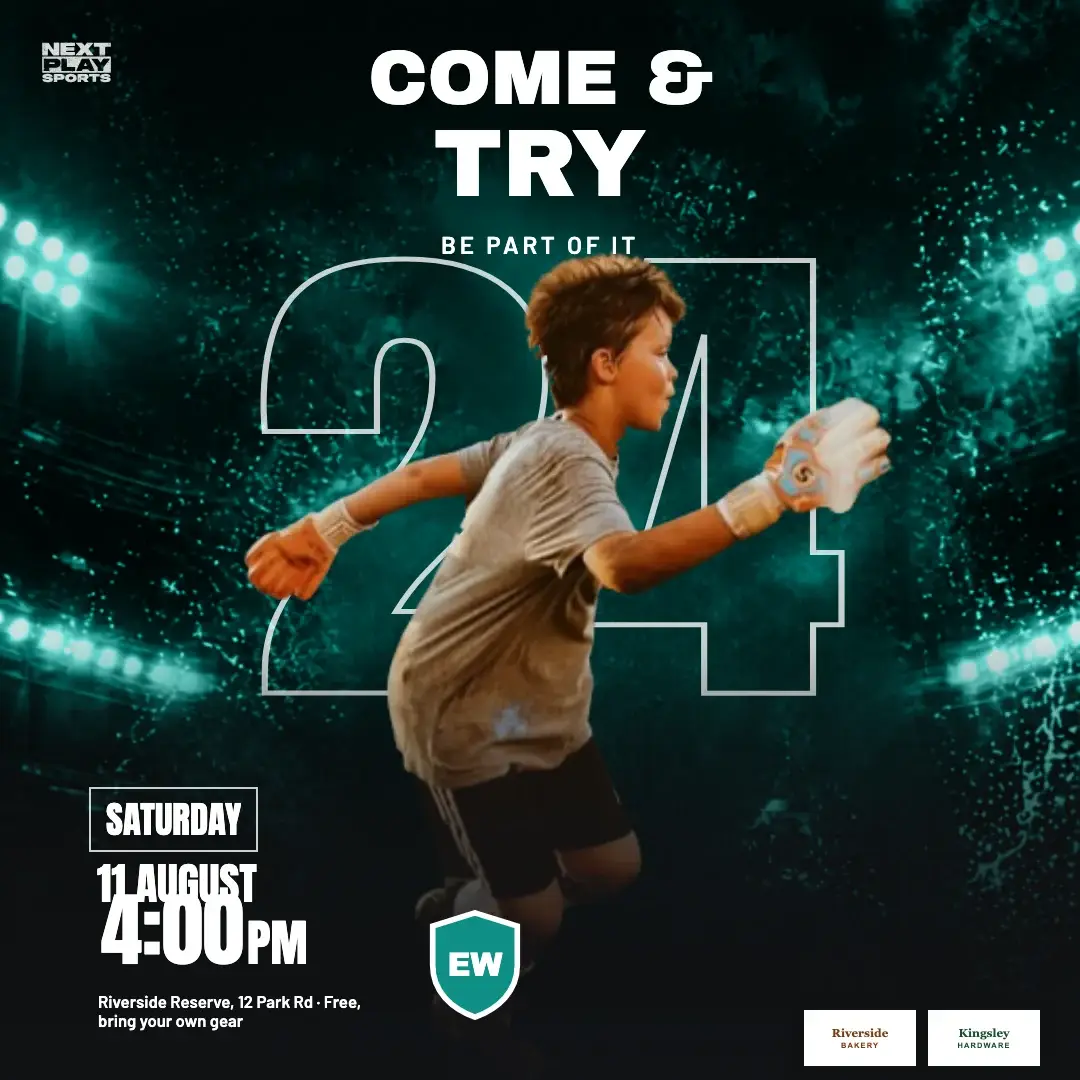 Come and try day poster with a player cut out of his photo over a floodlit stadium, in East West Club colours
