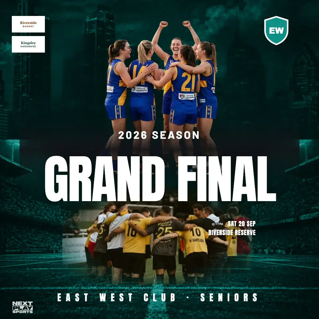 Grand final post with the players cut out above the headline and a team huddle photo below, in East West Club colours