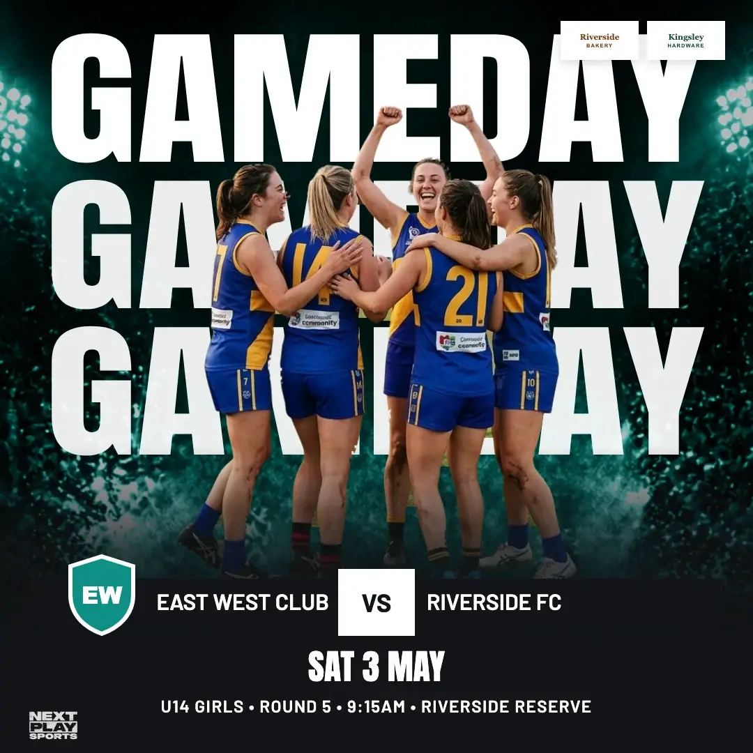 Game day poster with the players cut out in front of the words Game Day over a floodlit stadium, in East West Club colours