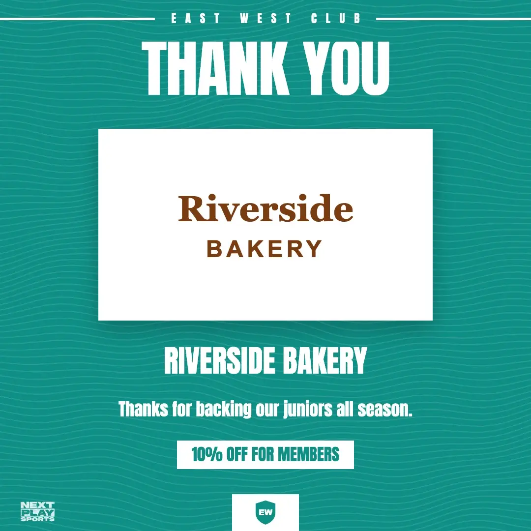 Thank you post for Riverside Bakery with a 10% off for members offer, in East West Club colours