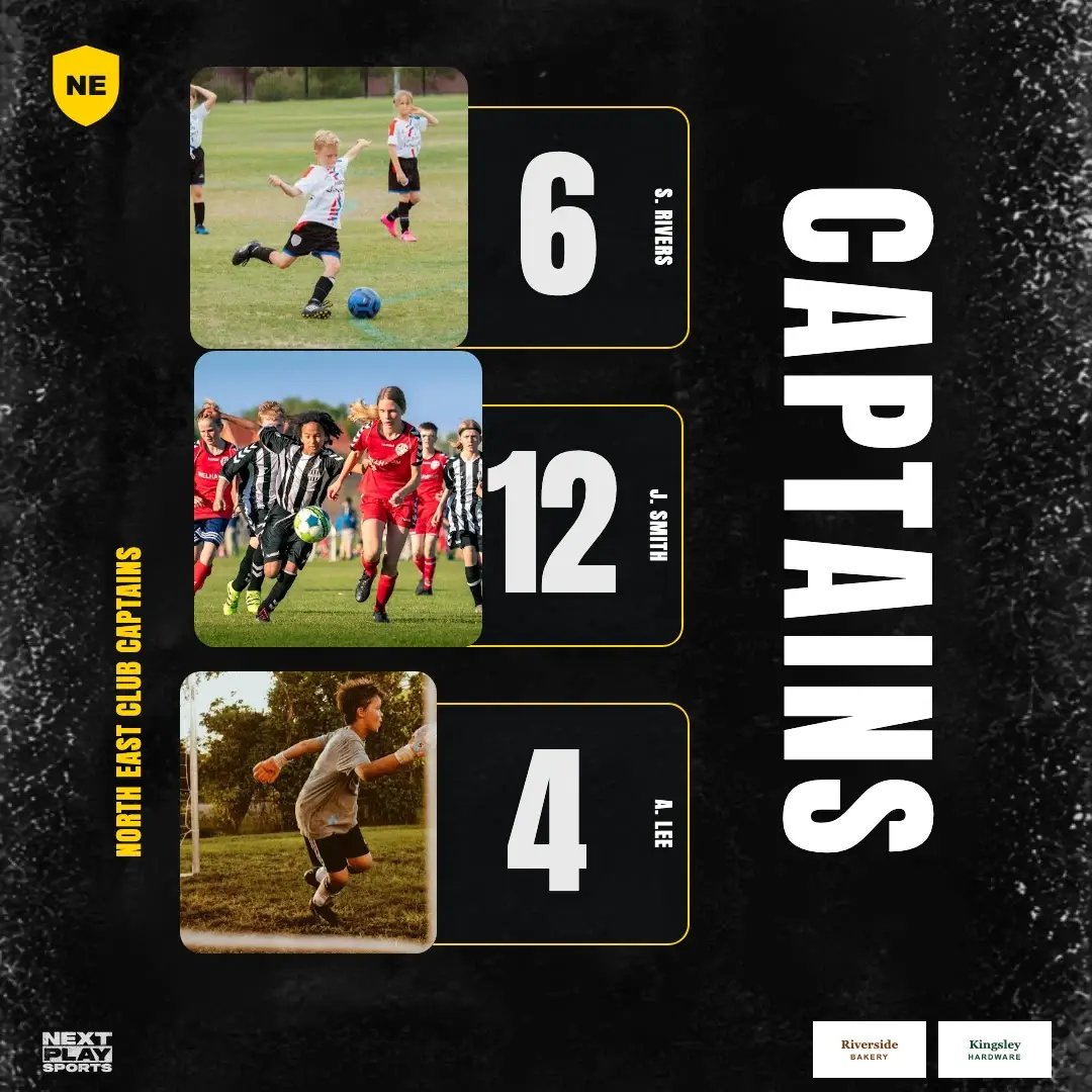 Captains post with three framed player photos and their numbers, in North East Club colours