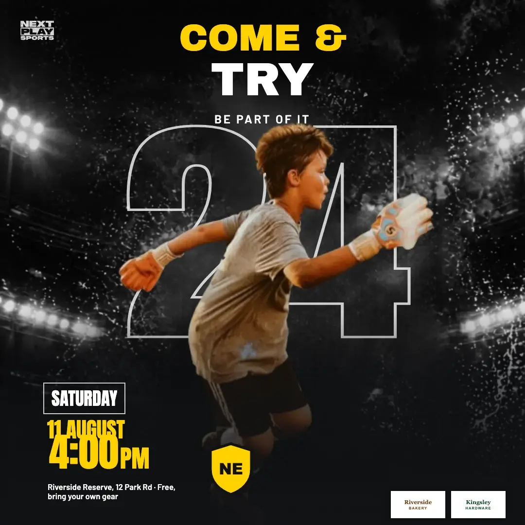 Come and try day poster with a player cut out of his photo over a floodlit stadium, in North East Club colours