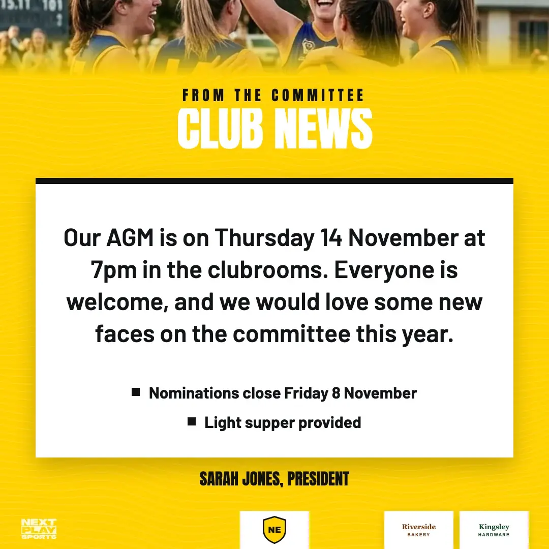 Club news post with the AGM details and two key points, in North East Club colours