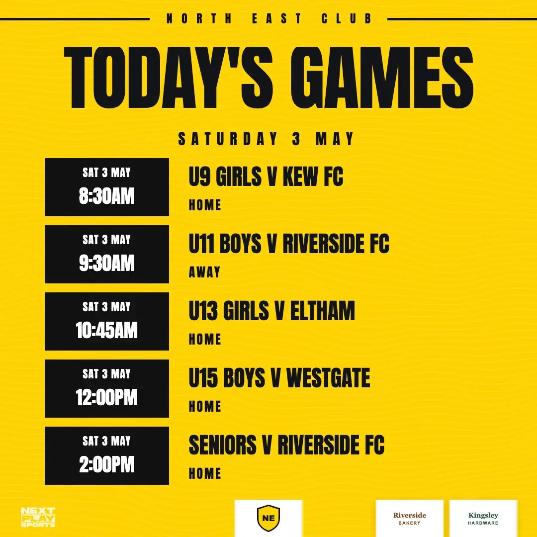 Today's games post listing five games with times, in North East Club colours