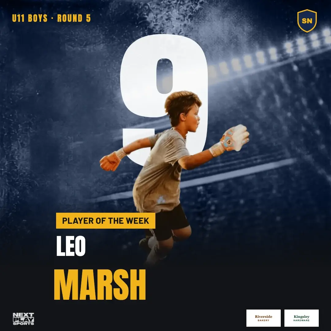 Player of the week poster for Leo Marsh, number 9, cut out in front of a huge 9, in South North Club colours